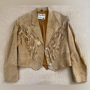 Vintage Pioneer Wear Brown Leather 3 Button Fringe Western Jacket